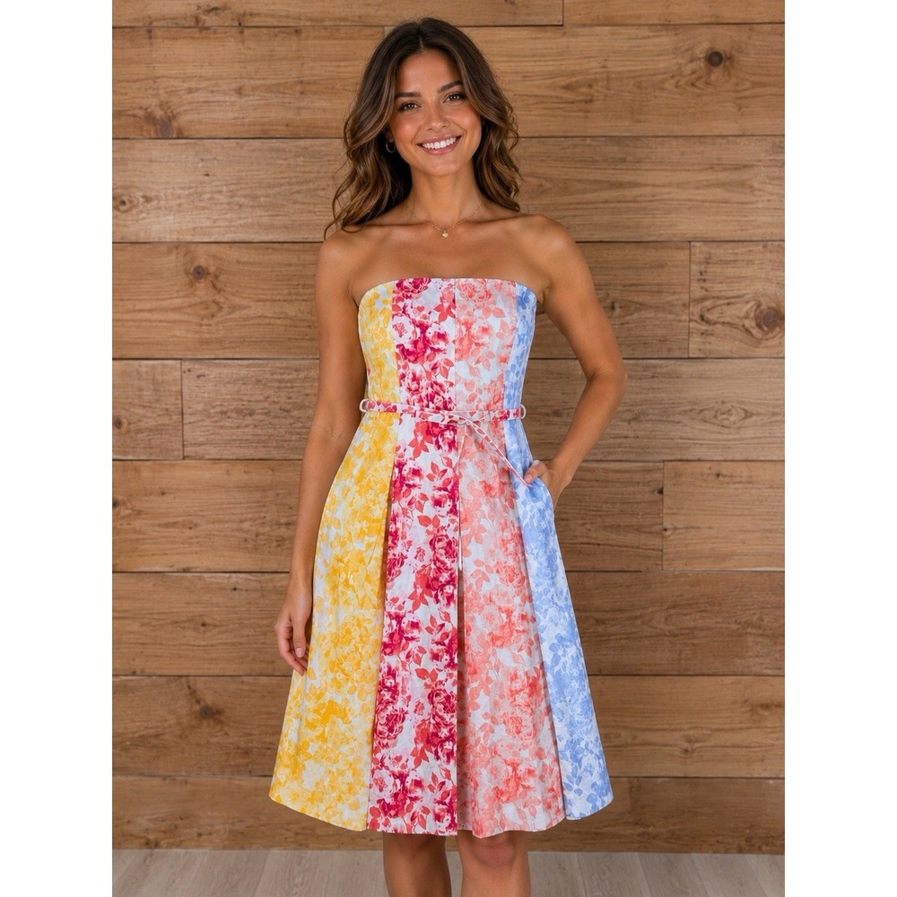 WHITE HOUSE BLACK MARKET WHBM FLORAL STRAPLESSβ BELTED FIT AND FLARE DRESS 6